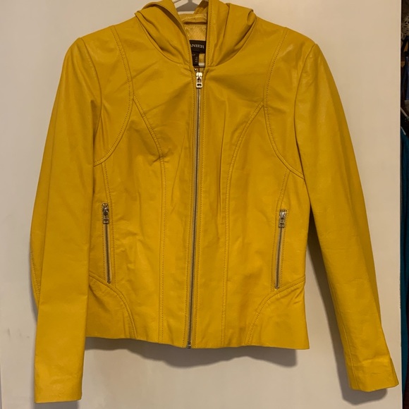 Danier yellow leather jacket with hood, size small